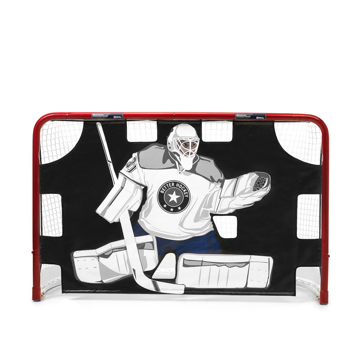 Extreme Better Hockey Pro Goalie heavy duty nylon tarp designed for practice, featuring ten target holes and goalie graphic.