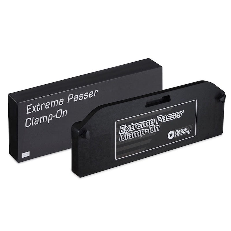 Extreme Passer Clamp-On device shown in black packaging; ideal for solo hockey practice and improving passing skills with a skottramp.