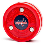 Green Biscuit NHL puck in red, designed for off-ice training to improve puck control and passing skills.