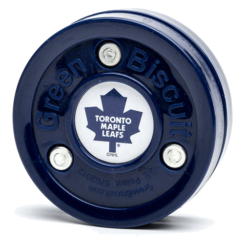 Green Biscuit NHL teknikpuck i blått med Toronto Maple Leafs logotyp, perfekt för träning på hårda ytor.