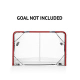 Röd hockeymål med nät, påminnelse om att målbur ej ingår, perfekt för träning med skottavlor och shooting targets.