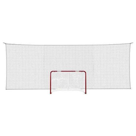 Extreme hockeymåls skyddsnät med röd ram, 7,5x2,6 m, designat för att stå emot kraftiga skott vid träning.