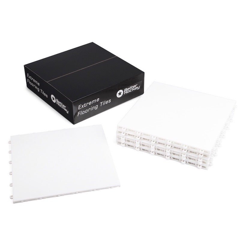 Extreme Hockey Flooring Tiles 10-pack with white plastic tiles, ideal for dryland training. Perfect for hockey practice, non-skate use.